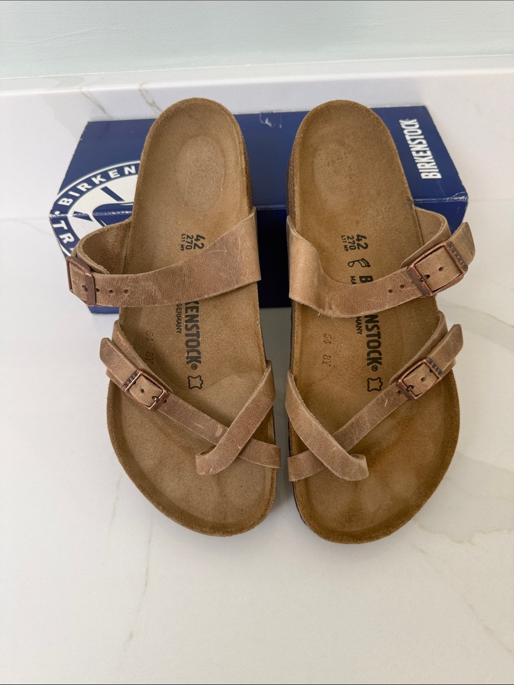 Birkenstock Tan Suede Two-Strap Toe-Loop Sandals